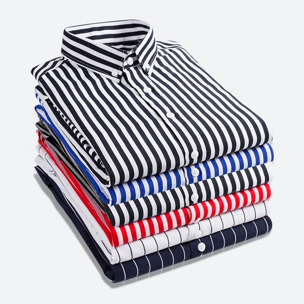 Men's Striped Shirt Turn-down Collar Long Sleeve Single-breasted Formal Business Men Formal Laydown Shirt Plus Size ropa hombre