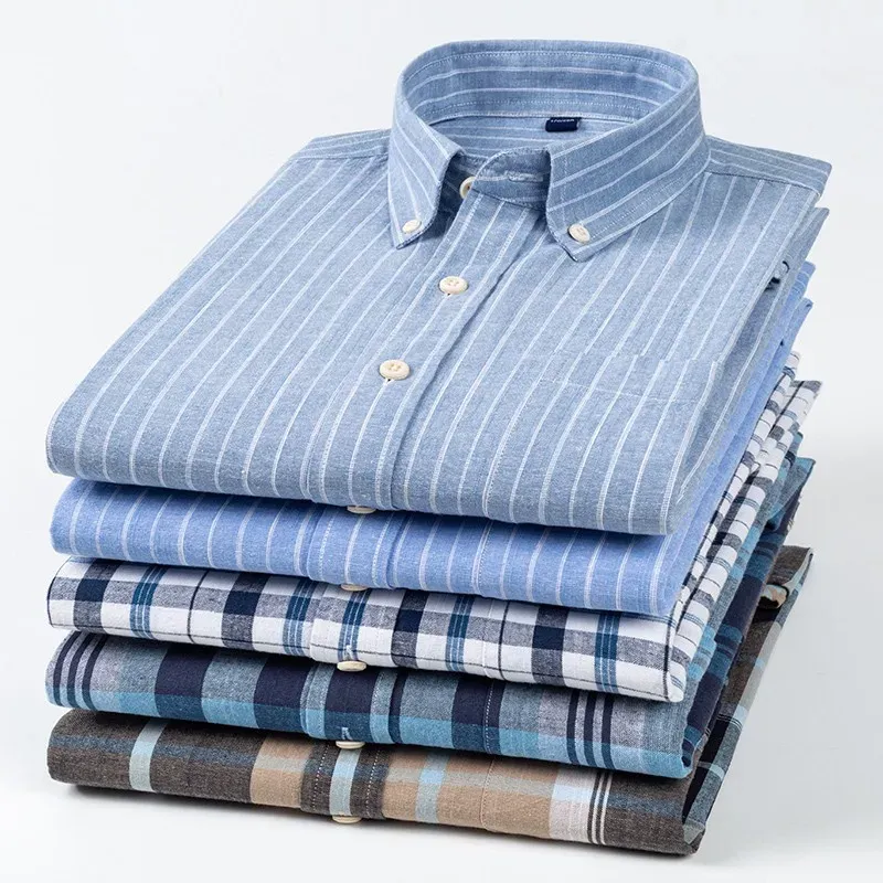 2022 Standard Fit Long Sleeve Casual Button Down  Shirts New Men's Linen Cotton Plaid  Shirt Single Patch Pocket