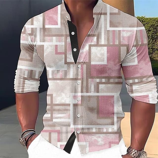 Color Blocked Block Slim Fit Single Breasted Top Stand Up Collar Long Sleeved Shirt Men's Beach Long Sleeved Summer Shirt MB1