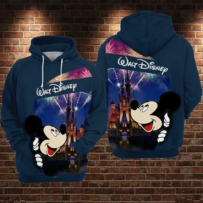 Disney Hoodie MM Hoodie Disney Mickey Fireworks Castle Blue Hoodie 2022 Disney Fashion Men's 3D Hoodie