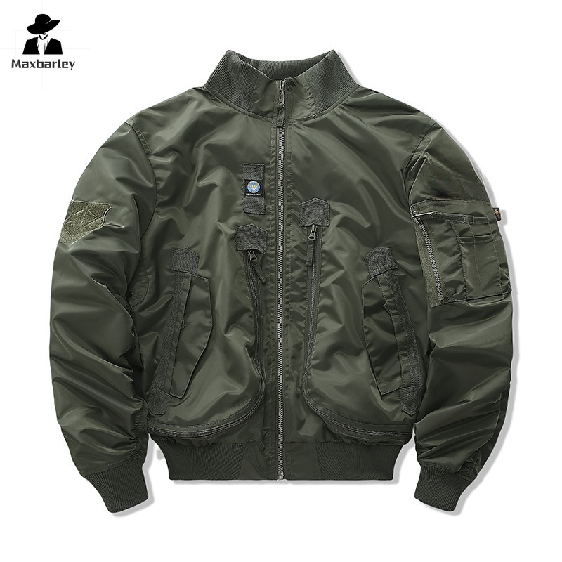 Men's Jacket 2024 Spring and Autumn New Solid Color Multi-Pocket Outdoor Adventure Standing Collar Jacket Men's Camouflage Tops