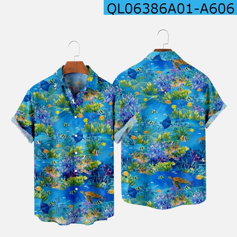 New Men's Shirts 3D Print Ocean World Creative Hawaiian Style Short Sleeve Button Up Pocket Shirts