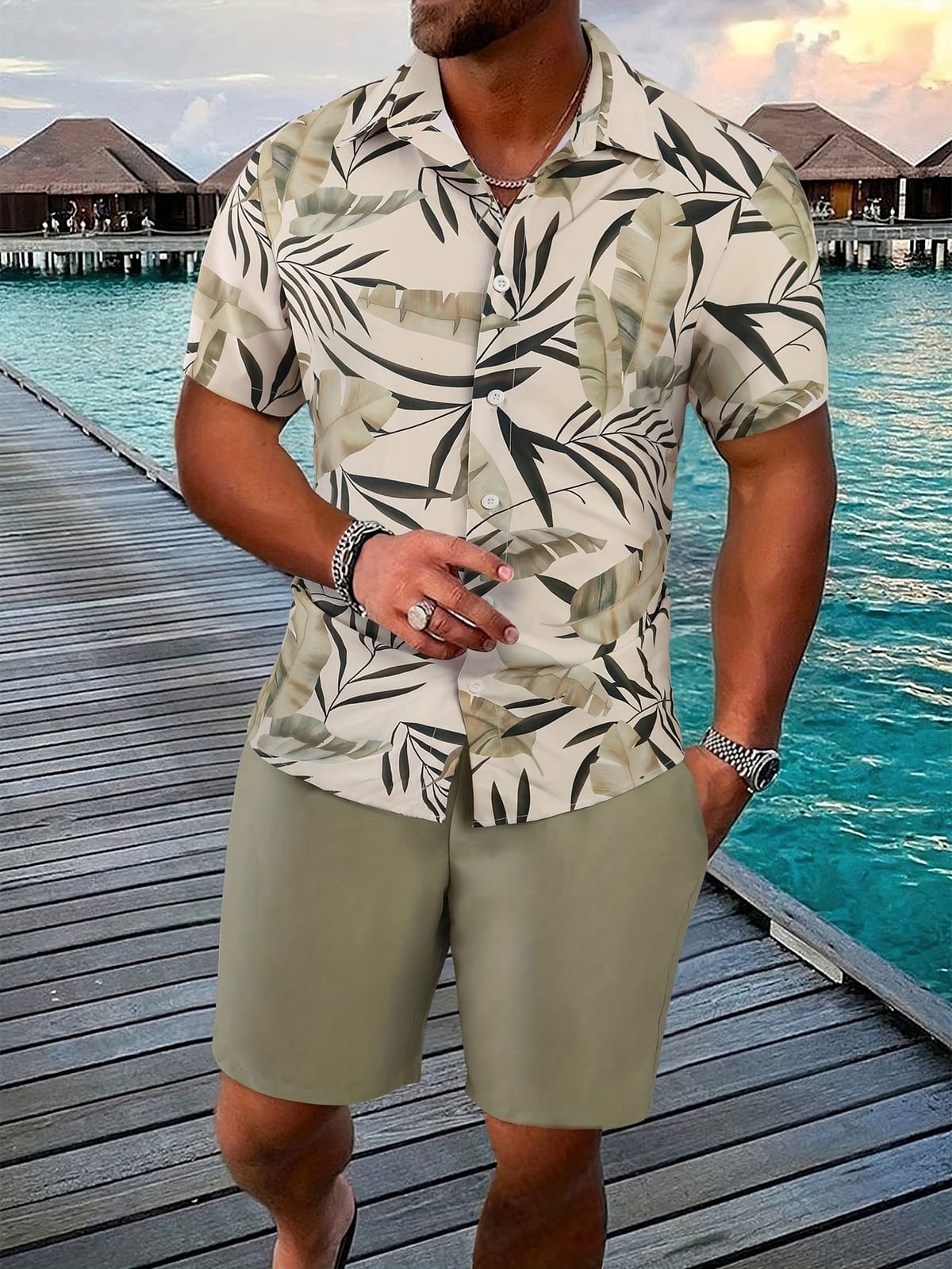Men's Summer Casual Beach Shirt Set Short Sleeve Hawaiian Style Printed Shirt Shorts Drawstring Design Fashion Men's Clothing