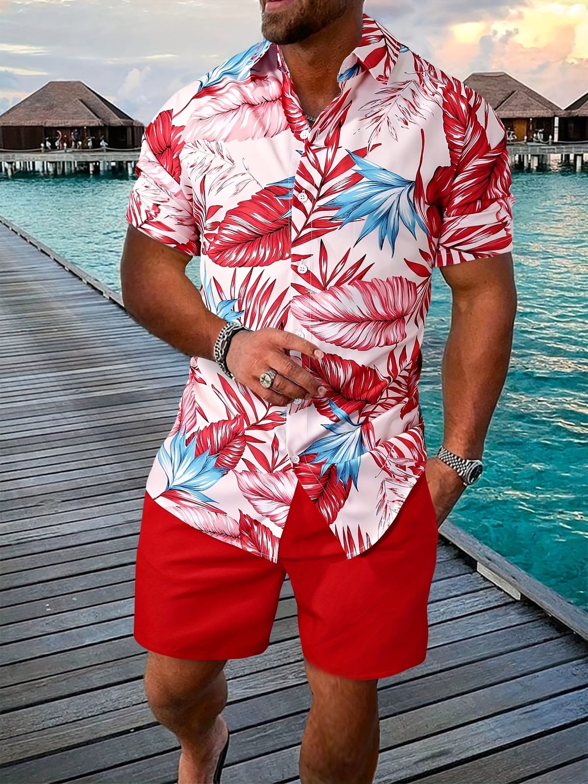 Vacation Beach Men's Short Sleeved Shirt And Beach Shorts Set Summer Casual Fashion Leaf Flowers Printed Loose Men's Shirt Set