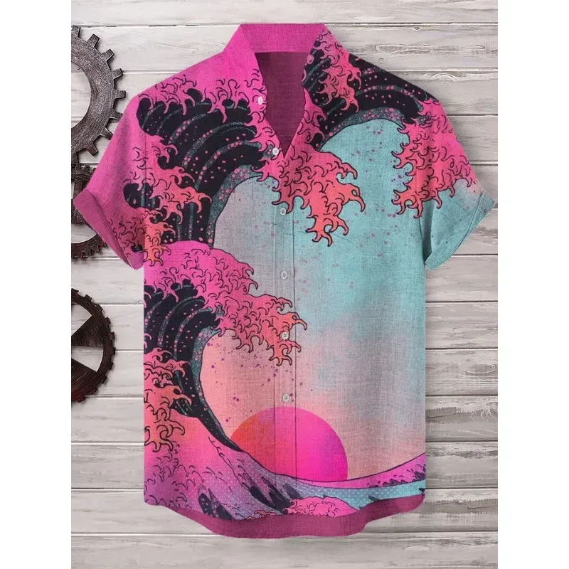 Men's Sunset Sea Waves Print Short Sleeve Casual Shirt Harajuku Summer Hipster Button Down Shirts Harajuku Beach Hawaiian Shirt