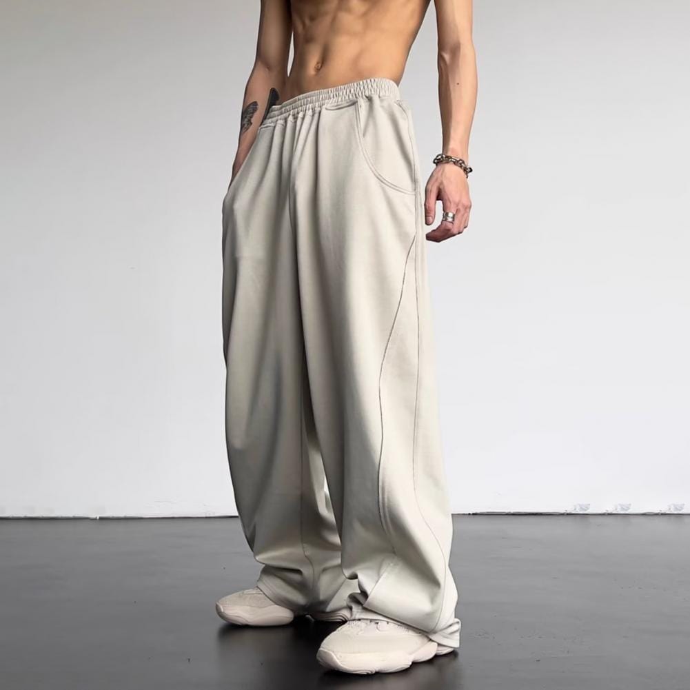 Men Elastic Waistband Pants Vintage American Style Men's Elastic Waist Wide Leg Pants with Pockets for Daily Wear Casual Sports