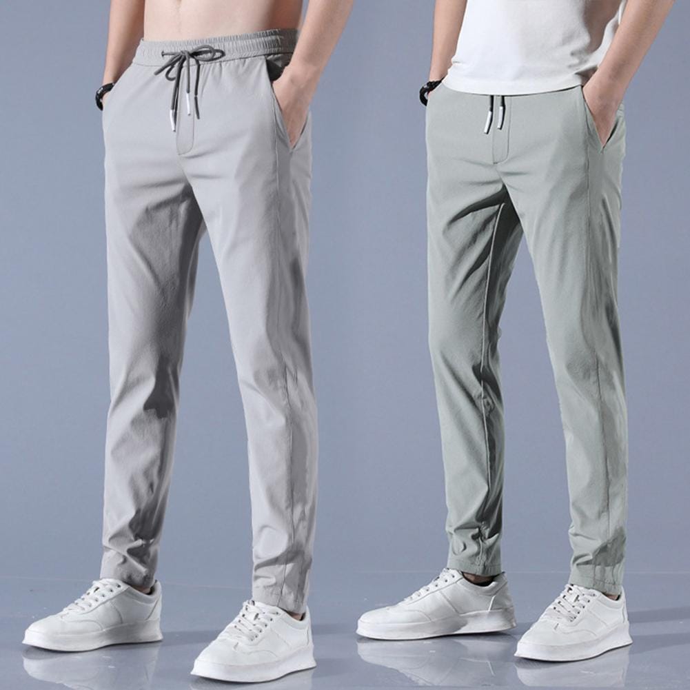 Men's Casual Trousers Spring Summer Solid Color Fashion Pocket Drawstring Men Pants Ice Silk Summer Straight Fit Thin Trousers
