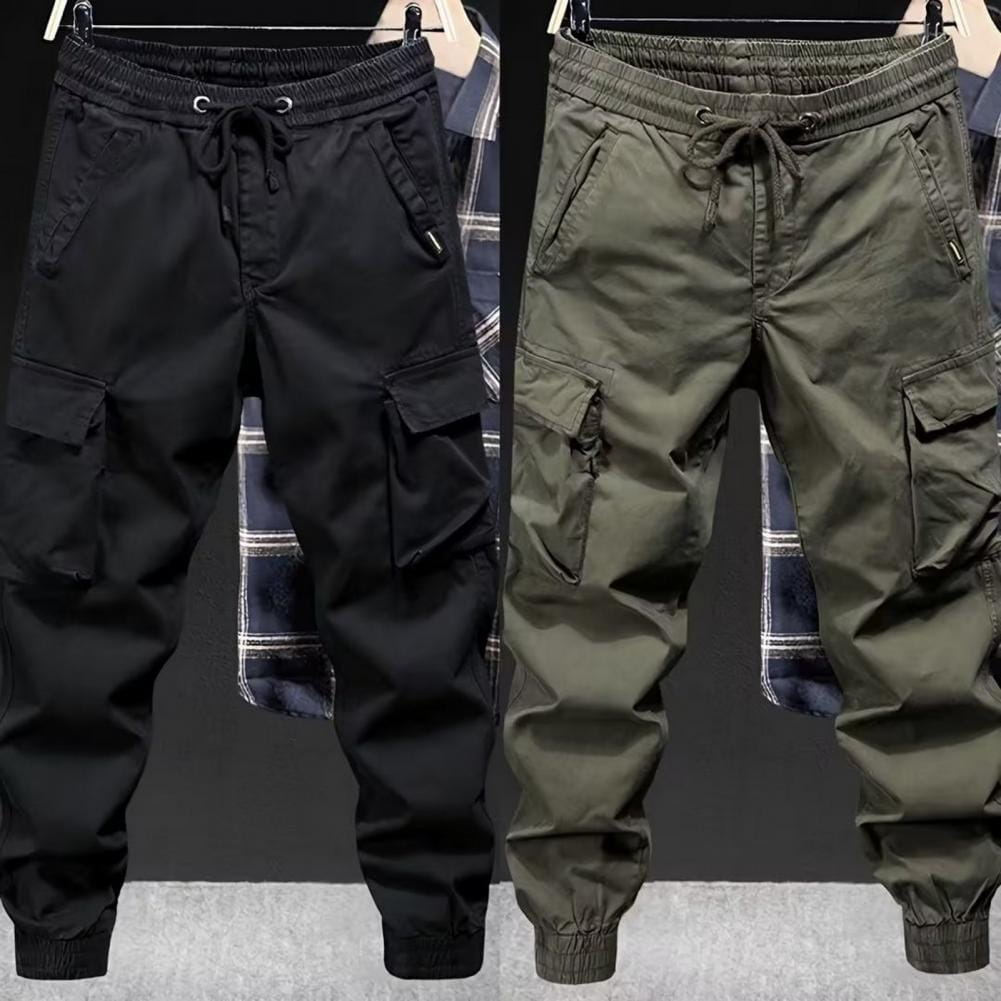 Fashion Solid Color Work Casual Multiple Pockets Men's Cargo Pants Classic Waist Drawcord Pure Cotton Youth Tide Male Trousers