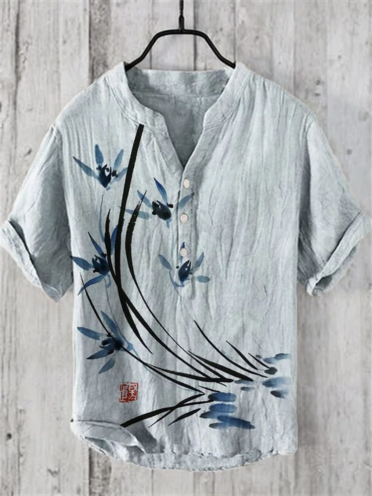 Cross border e-commerce 3D digital printing spring/summer bamboo joint linen men's V-neck short sleeved shirt in Chinese style
