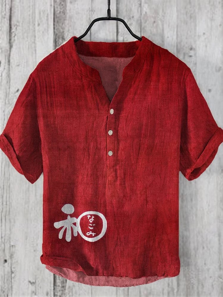 2024 Summer New Product Chinese Character Printed Shirt V-neck Pullover Men's Short Sleeve Landscape Picture 3-breasted Button