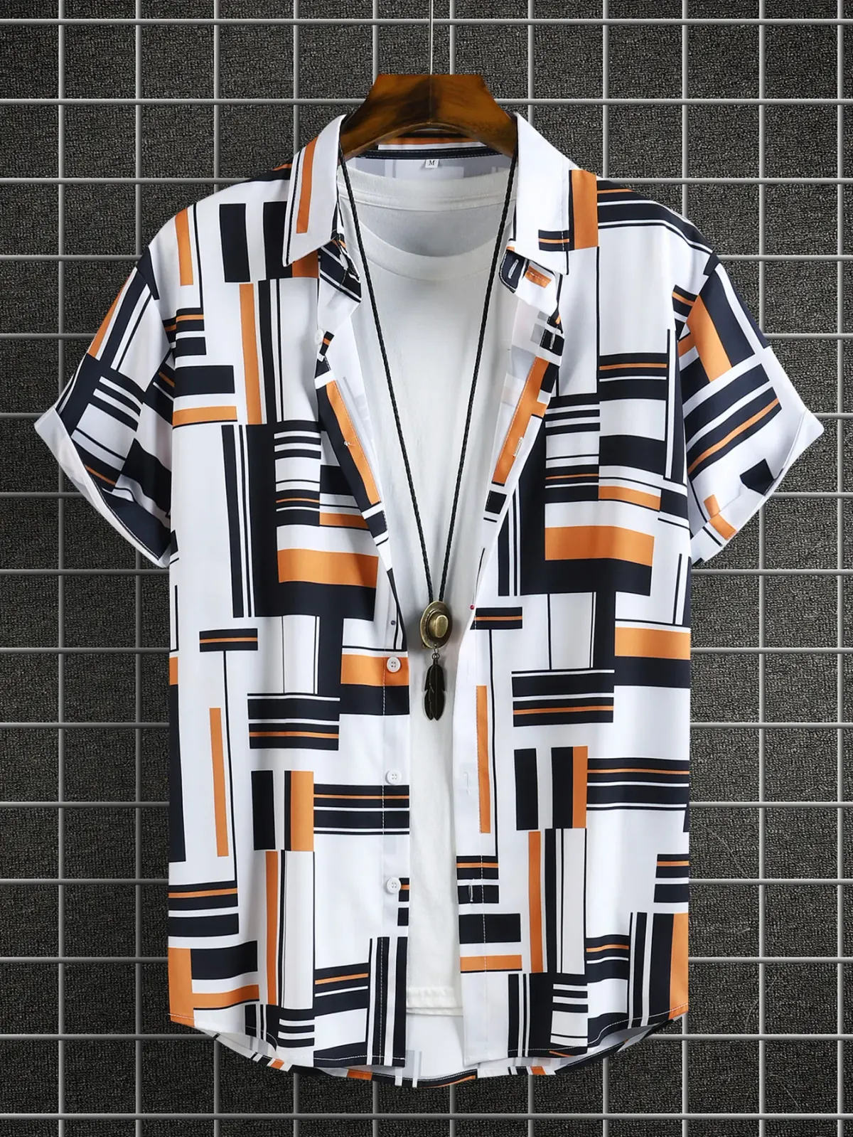 Color Block Pattern Men's Short Sleeve Button Down Lapel Shirt Summer Casual Shirt
