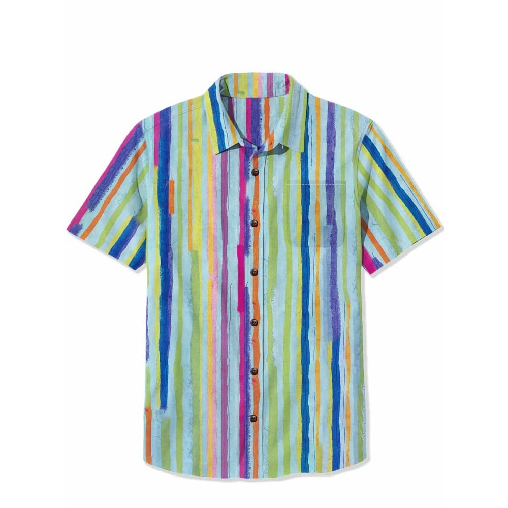 Colorful Stripe 100% Cotton Shirt Summer Short Sleeve Button Down Pocket Casual Shirt Men's Hawaiian Shirt Tropical Beach Tees