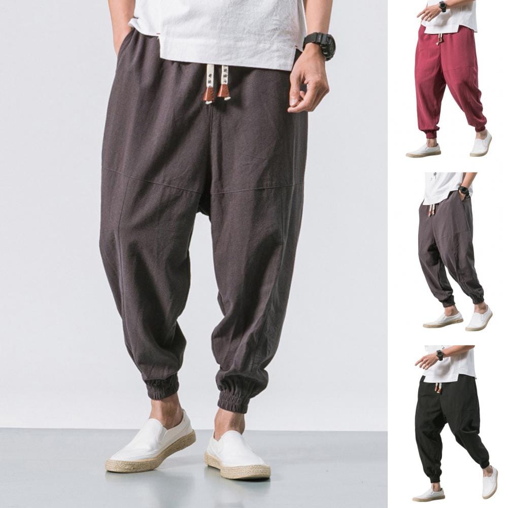 Elastic Waist Trousers Men Casual Harem Pants Japanese Style Men's Harem Pants with Deep Crotch Ankle Length Pockets for Casual