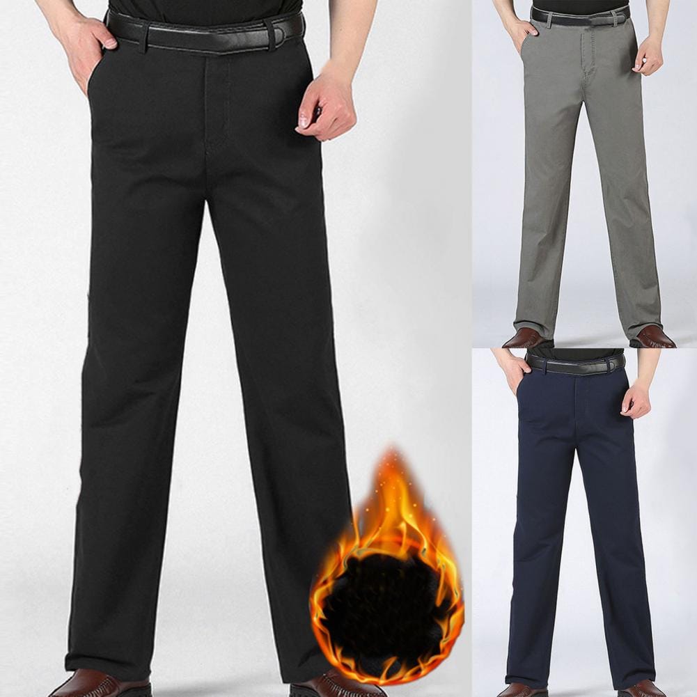 Fashion Men's Winter Warm Fleece Lined Pants Solid Color Casual Stretch Straight Pants Middle Waist Business Trousers