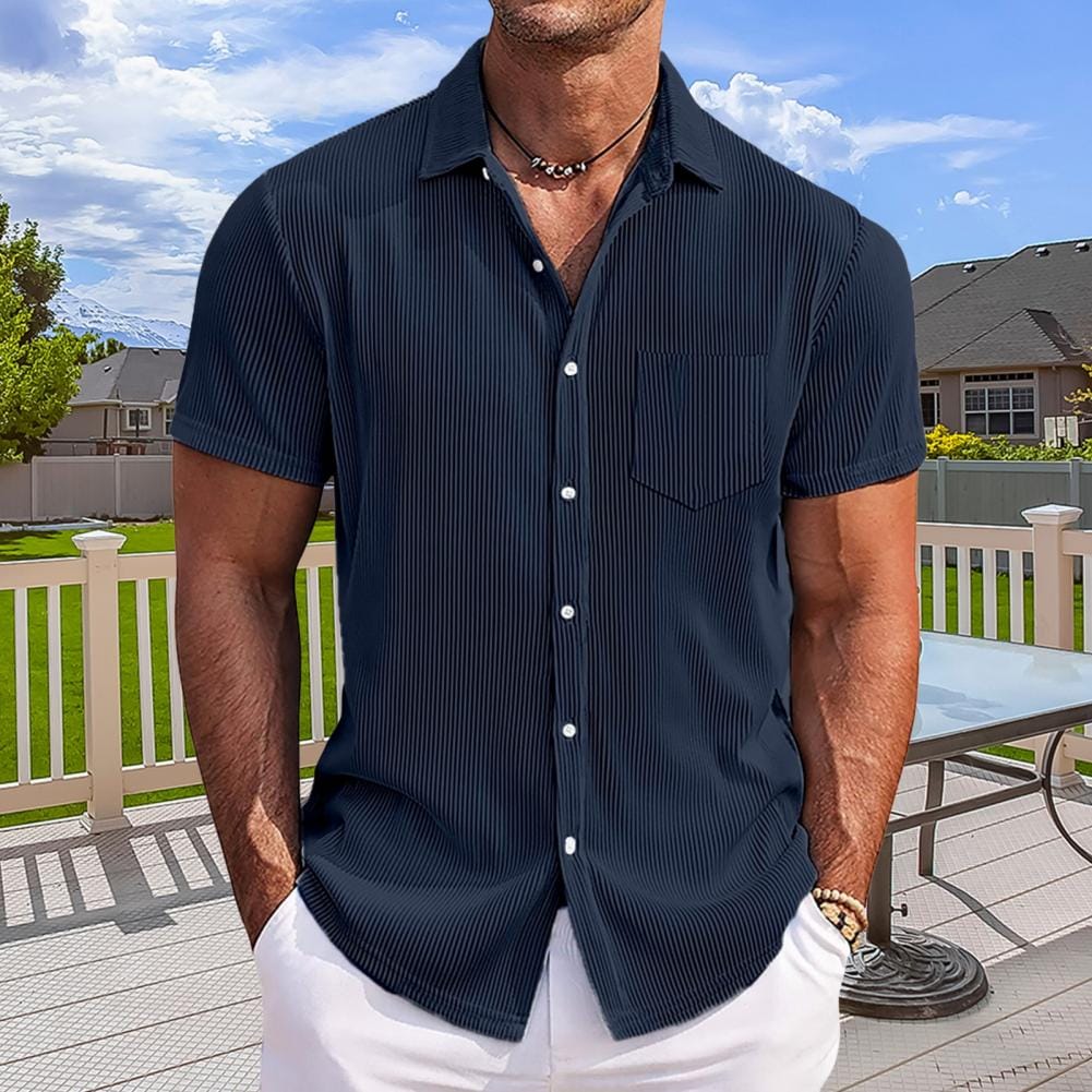 Lapel Pocket Shirt Men's Loose Fit Summer Shirt with Turn-down Collar Chest Pocket Short Sleeves Solid Color Mid for Daily