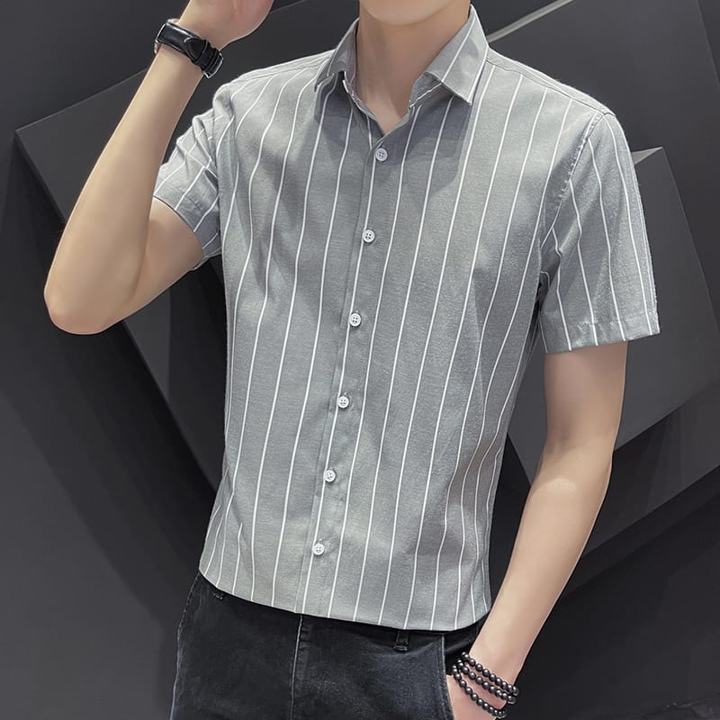 2023 New Korean Style Men's Striped Shirt Short Sleeve Summer Fashion Slim Fit Men's Short Sleeve Shirt