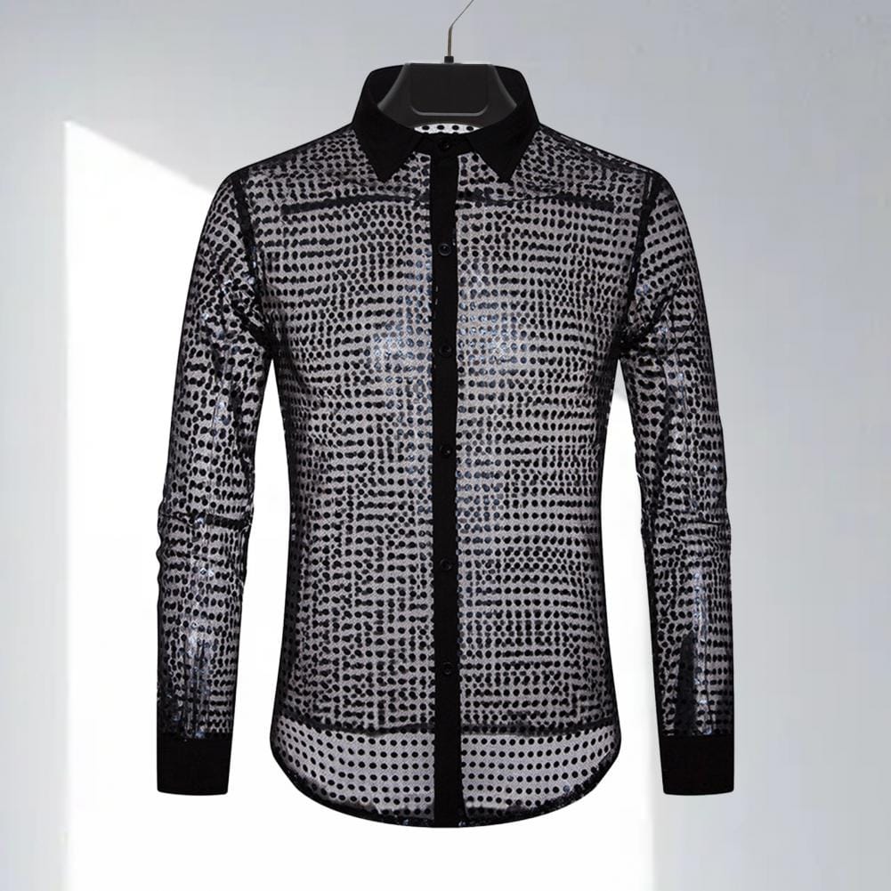Lapel Long Sleeve Shirt Stylish Men's Sequin Embellished Lapel Shirt with See-through Design Skin-friendly Fabric for A