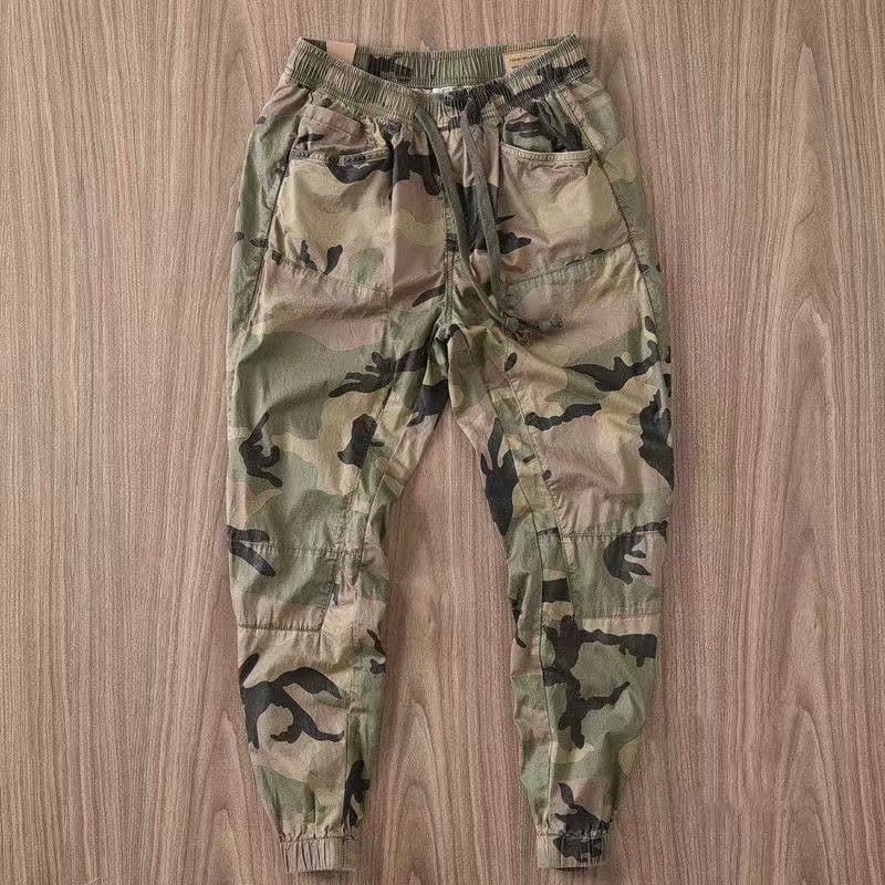 Cargo Trousers Summer New Men's Patchwork Elastic Drawstring Bright Line Decoration Loose Casual Work Wear Camouflage Pants