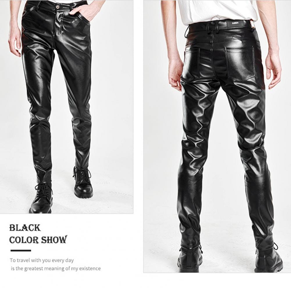 Solid Color Men Pants Soft Men Faux Leather Pants Stylish Men's Faux Leather Pants Slim Fit Breathable Hip Hop Inspired