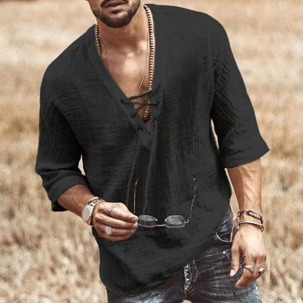 Casual Men Shirt Solid Color Men Top Retro-inspired Mid Sleeves Men's Shirt Loose Fit Quick Dry V Neck Pullover for Daily Wear