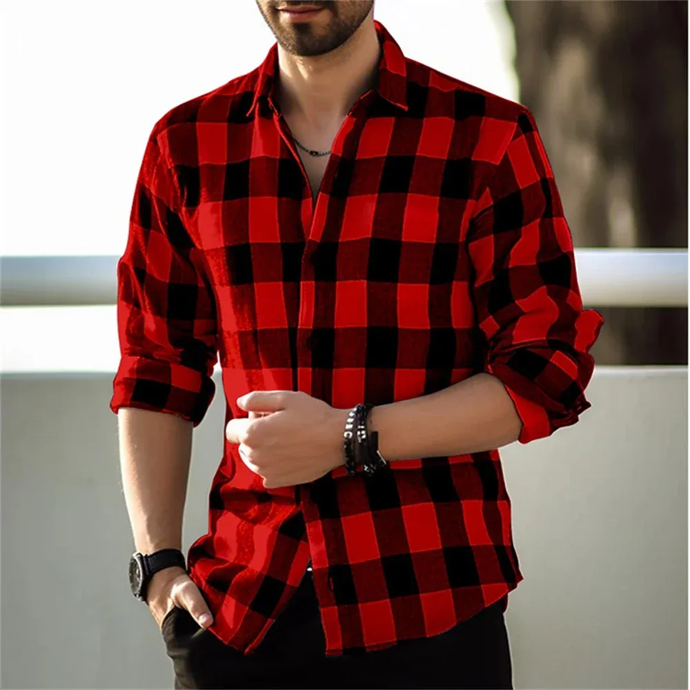 2024 New Men's Long Sleeved Lapel Plaid Printed Shirt Casual Office Fashion Trend High-quality Soft Fabric Trendy Men's Shirt