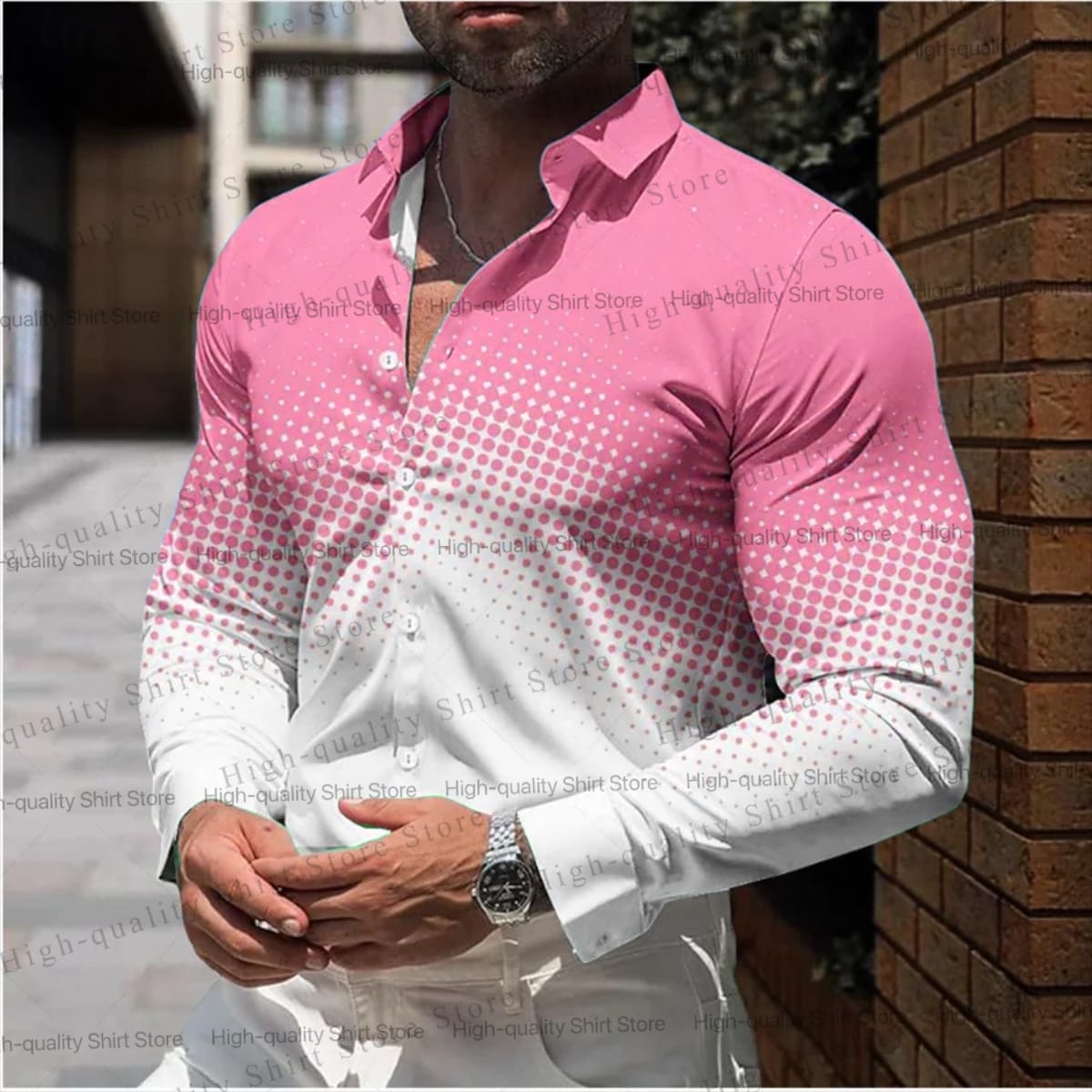 Gradient collar men's shirt with polka dot long sleeved shirt, casual and comfortable button up plus size men's clothing