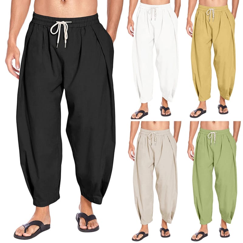 Men's Cotton And Linen Pants Casual Light Color Loose Beach Yoga With Pockets Linen Breathable Summer Pants Fitness Street Wear