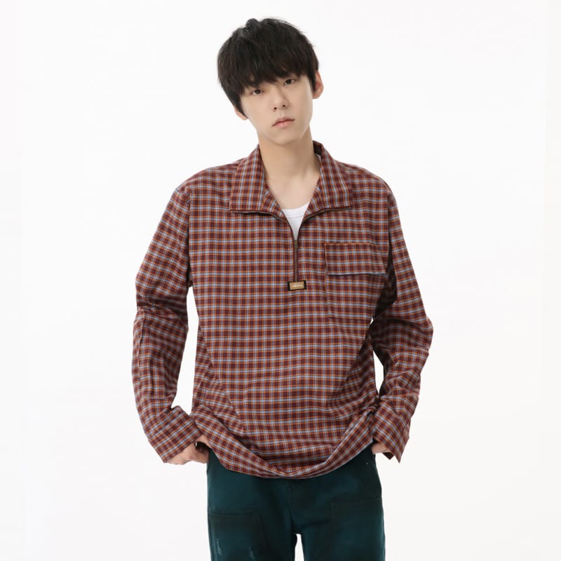 SYUHGFA Niche Design Japanese Style Men's Shirts Long-sleeved Vintage Plaid Turn-down Collar Half Zipper Male Tops 2024 Autumn