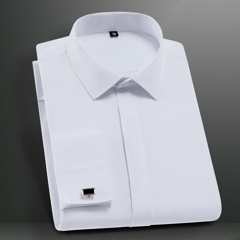 M-6XL Classic Men's French Cuffs Dress Shirt Long Sleeve Covered Placket Formal Business Standard-fit Office Work White Shirts