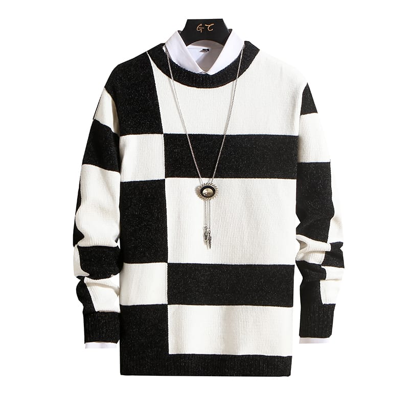 Men's Fashion Long Sleeve Crew Neck Black and White Striped Chenille Sweater Fall and Winter Comfort Knitwear
