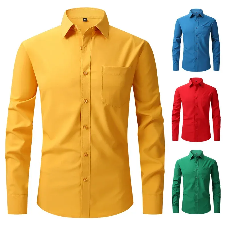 X-Elastic  Men's Long-Sleeved White Shirt, Anti-Wrinkle Fabric, Solid Color Business Casual Loose Daily Shirt,plus Size Clothing