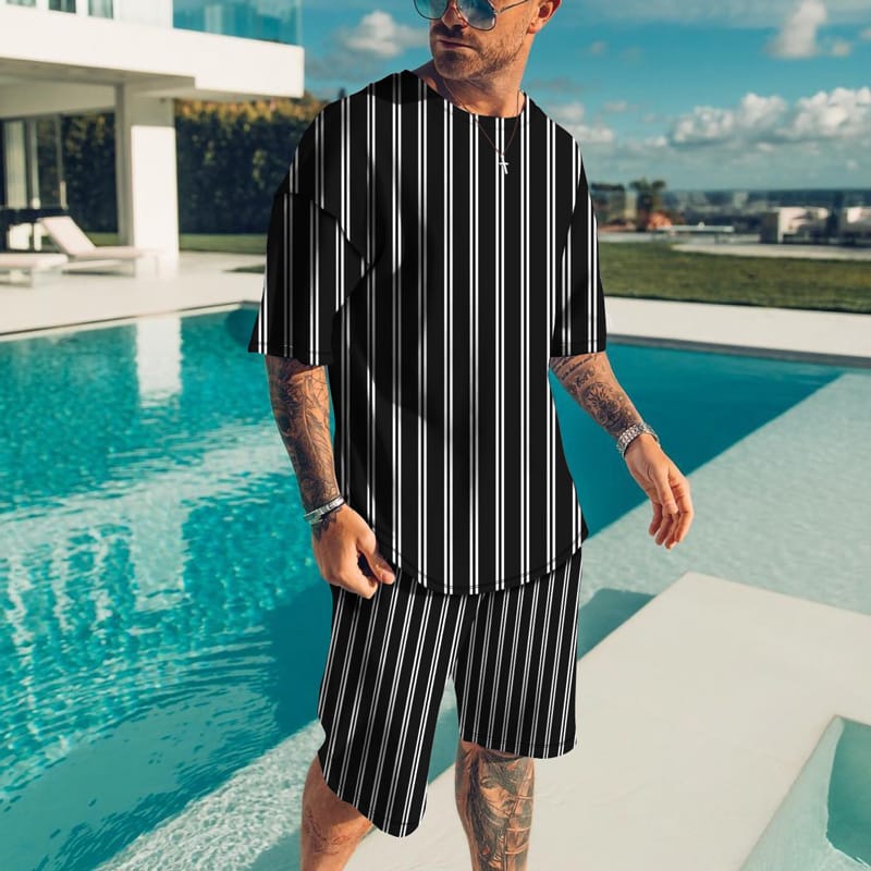 Fashion Summer Men's T-Shirt Set Stripe 3D Print Oversized Cloth Comfortable and Cool Men Tracksuit T-shirt Shorts outfits Sets