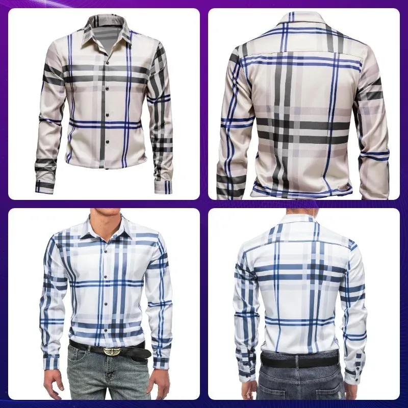 Autumn New Casual Versatile Stripe Plaid Polo Collar Men's Long Sleeve Shirt Men Clothing