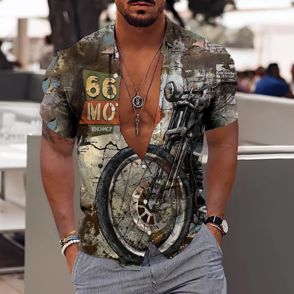 Vintage Shirt 3D Motorcycle Pattern Short Sleeve Shirts Summer 66 Road Print Tees Top Oversized Blouse Streetwear Men'S Clothing