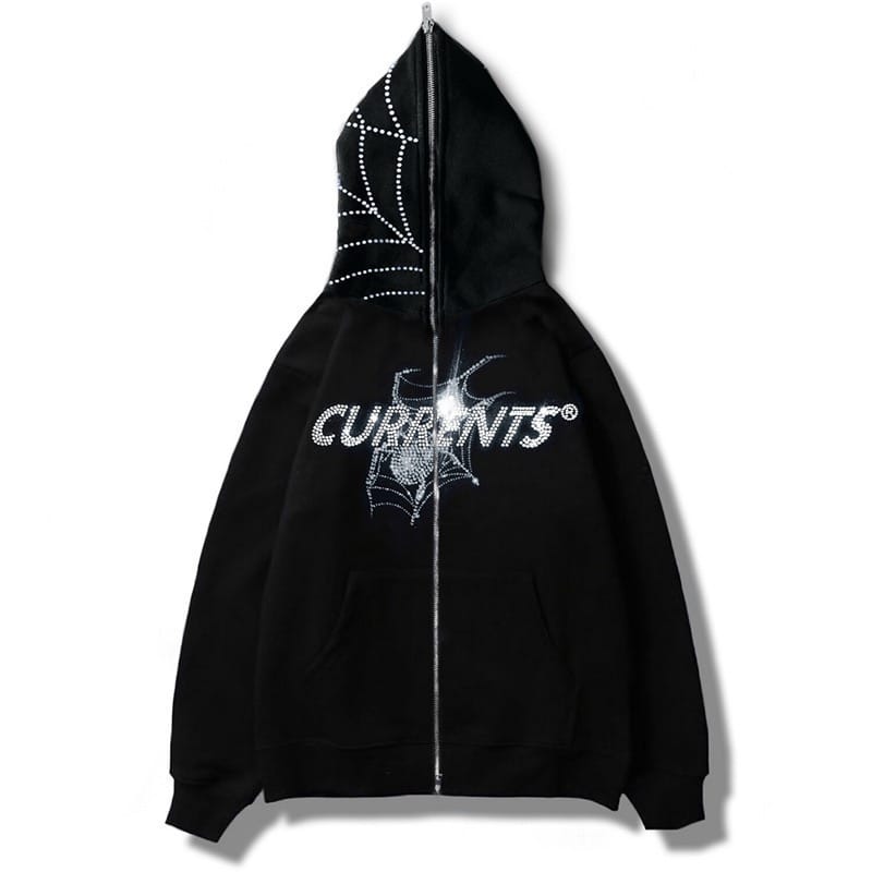 2023 Men's Fashion Rhinestone Spider Print Hoodie Men's Gothic Long Sleeve Large Sweatshirt Men's Zipper Jacket
