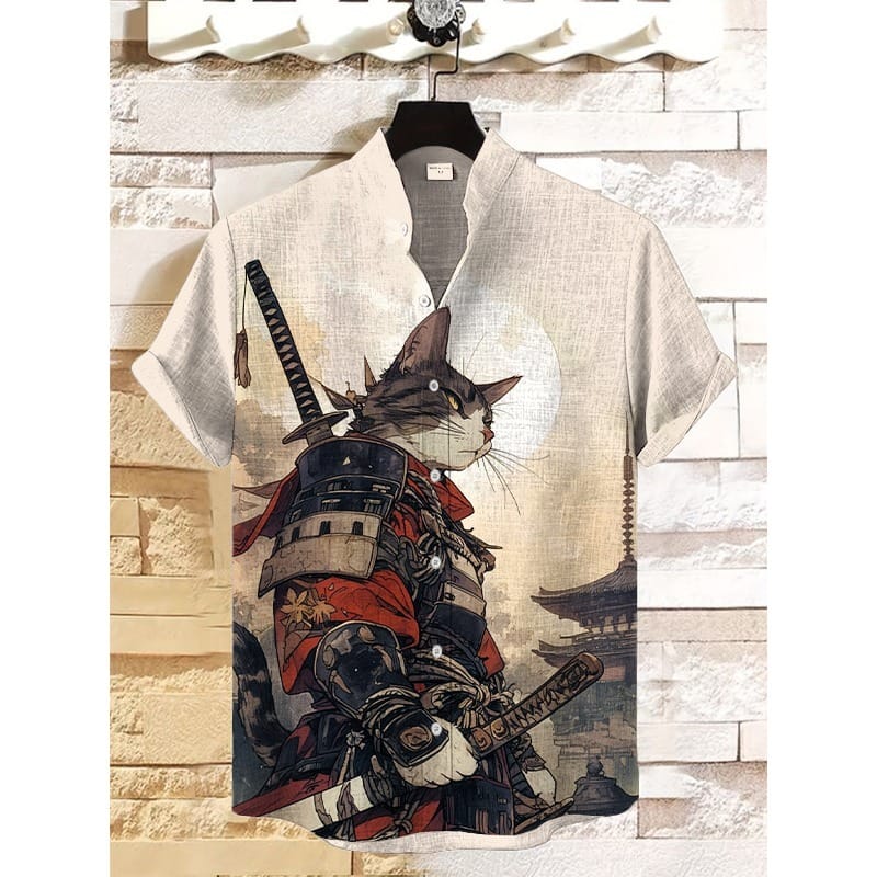 Men's Sakura Tree Samurai Cat Japanese Print Casual Shirt Harajuku Summer Hipster Button Down Holiday Casual Shirt Beach Shirts