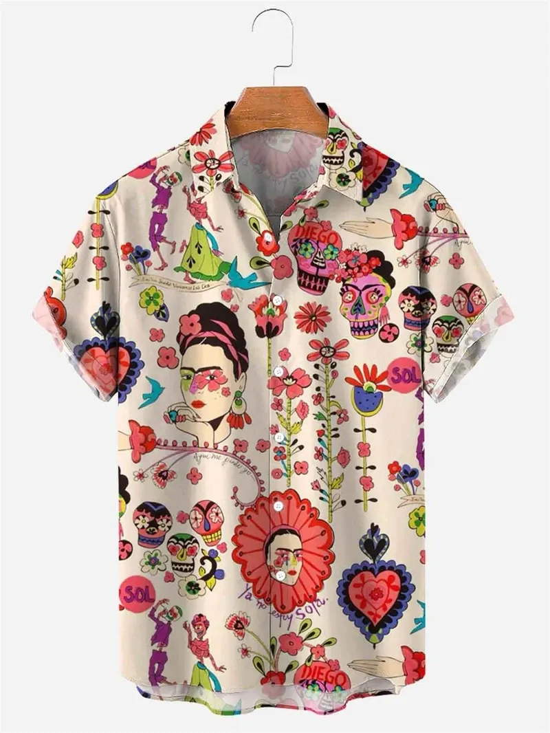 Hawaiian Beach Shirts for Men Casual Fashion Short Sleeve Tops Beauty Print Men's Shirts Button Hip Hop Clothing Vacation Blouse