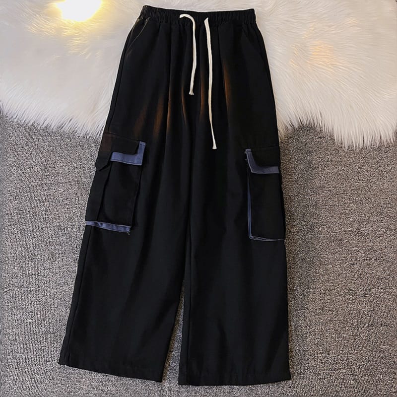 Men 2024 Spring Autumn New Leisure Straight Trousers Male Pockets Cargo Pants Men's Korean Drawstring Loose Wide-leg Pant I718