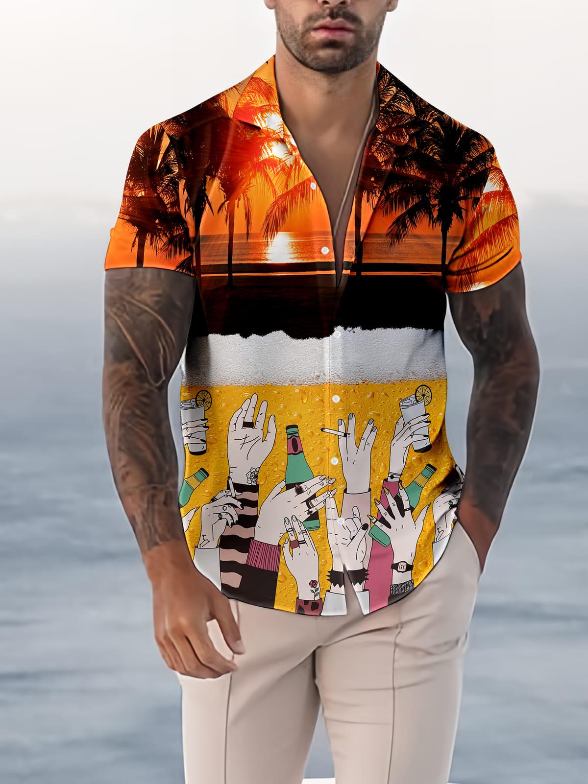 Fashion Star Spangled Flag Coconut Beach Beer Bubble 3D Printing Hawaii Beach Leisure Party Street Men's Short sleeved Shirt
