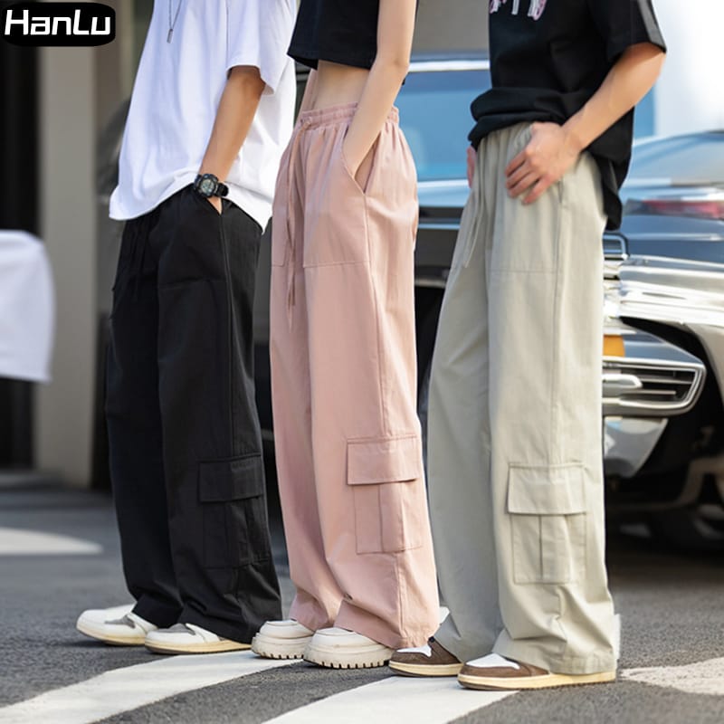 Men's Spring New Texture Workwear Casual Pants Couple Y2K High Waist Street Dress Hip Hop Big Pocket Drawstring Sports Pants