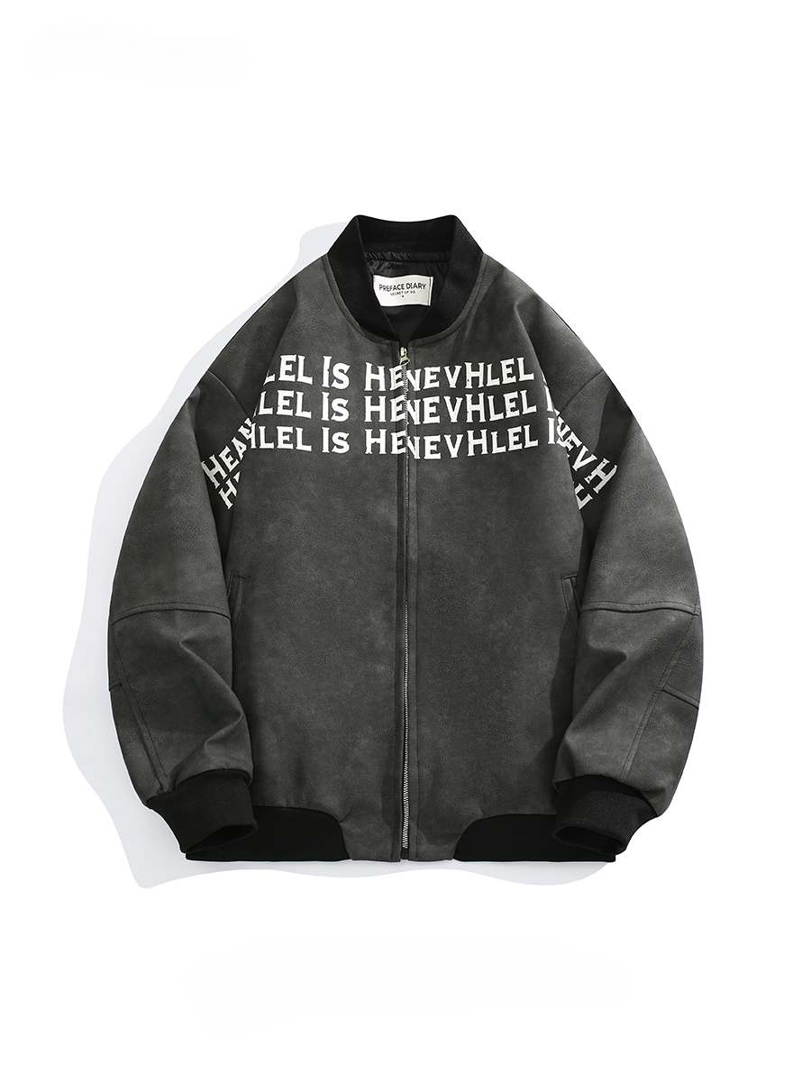 Men's Stand Collar Long-sleeved Letter Print Motorcycle Leather Jacket Trendy Brand Hip Hop Loose Large Size Casual Zipper Coat