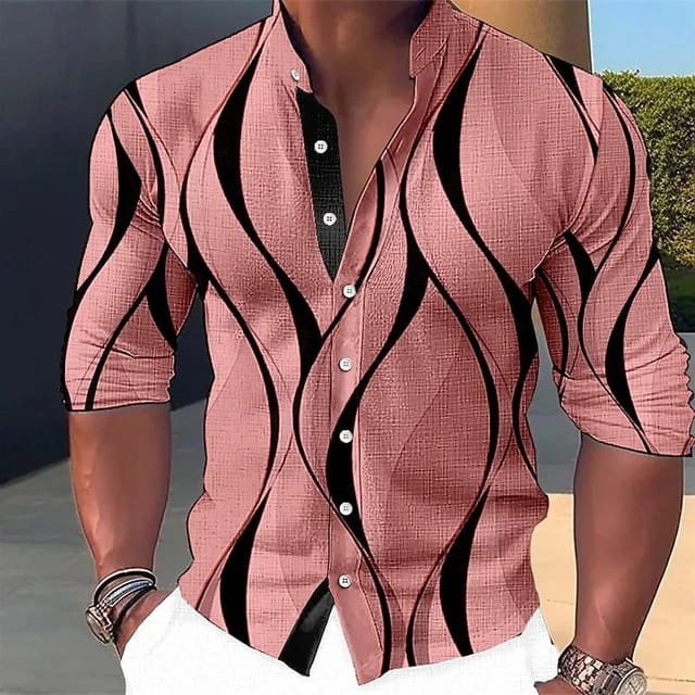 Line Single Breasted Top Youthful Stand Up Collar Long Sleeved Shirt Men's Beach Long Sleeved Summer Shirt Slim Fit MB1