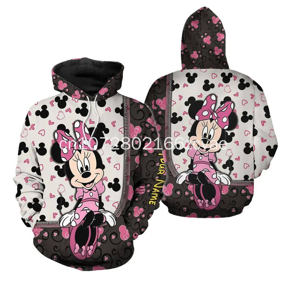Summer New Disney Minnie Mouse 3D Printed Hoodie Personalized Men's and Women's Leisure Sports Pullover Hoodie