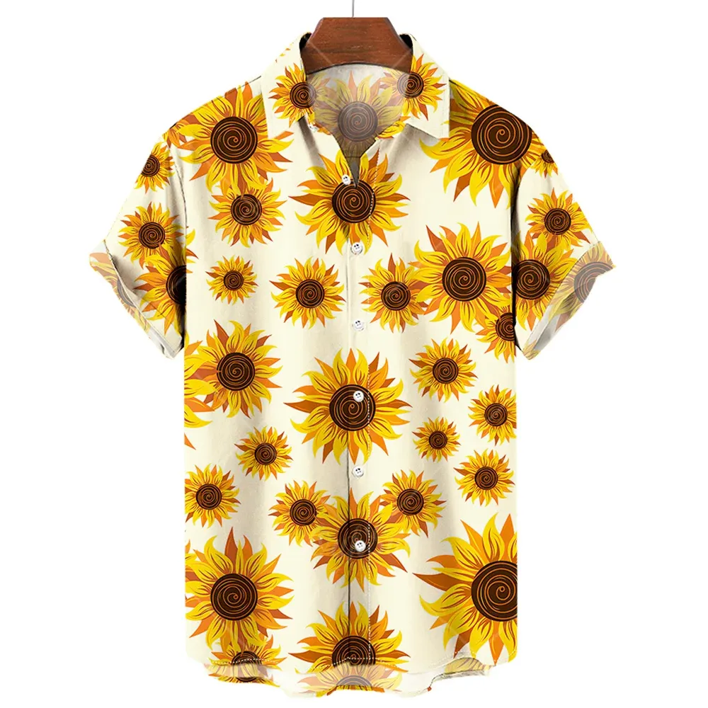 Hawaiian Men's Shirts 2024 Sunflower Sunshine Print Lapel Shirts For Men Fashion Short Sleeve Tops Loose Oversized Men Clothing