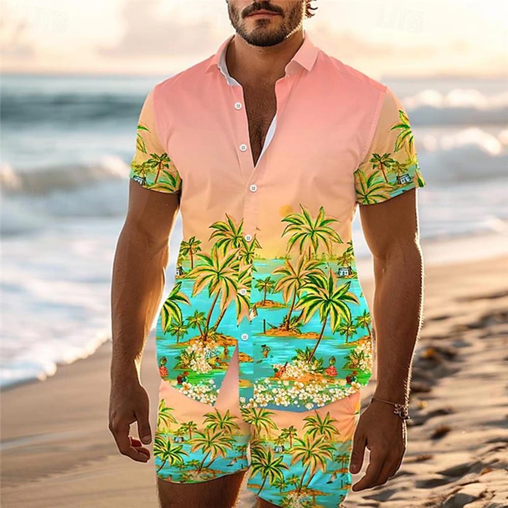 Vacation Beach Men's Short Sleeved Shirt And Beach Shorts Set, Summer Casual Fashion Hawaiian Print Loose Men's Shirt Set
