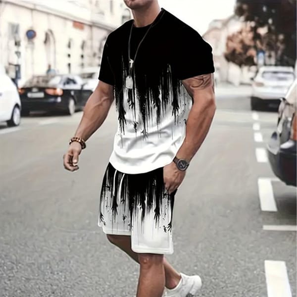 Summer fashion loose casual short sleeve shorts printed breathable quick drying street simple sports men's suit