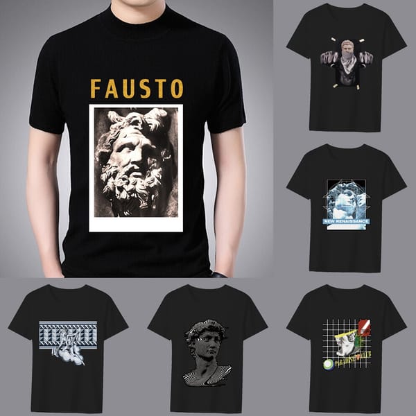 Retro Fashion Men's Black T-shirt Funny Sculpture Printing Pattern Series Casual Round Neck Shirt Commuter Slim Men's Clothing