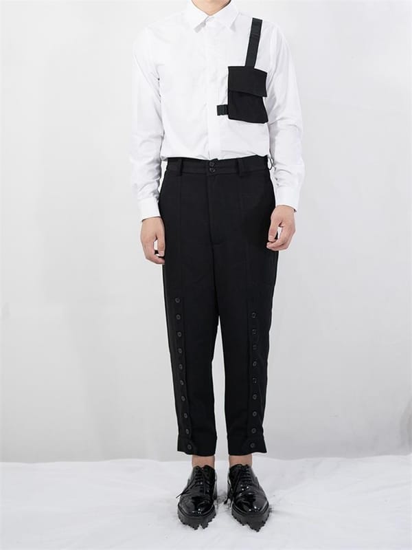 Men's new homemade men's casual Harlem pants slim multi-button design stitching large size black loose nine cent pants