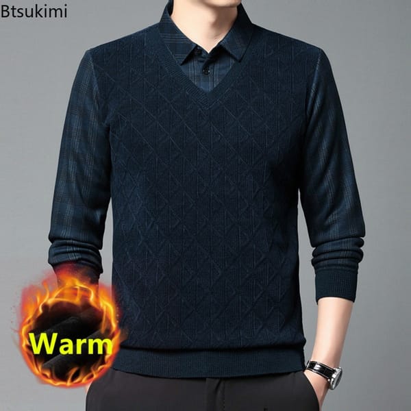 New 2024 Men's Fake Two Piece Sweaters Trendy Business Casual Plus Velvet Thicker Warm Knit Pullover Man Jacquard Bottoming Tops