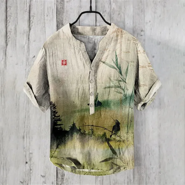 Henry Cardigan Vintage Button Men's Summer V-Neck Shirt 3D Printing Men's Short Sleeve Plus Size 2024 New V-Neck Fashion Casual
